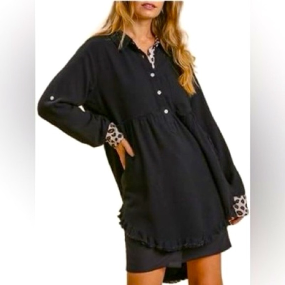 NWT Umgee Leopard Detail Tunic, size XL, distressed ruffle trim, cotton